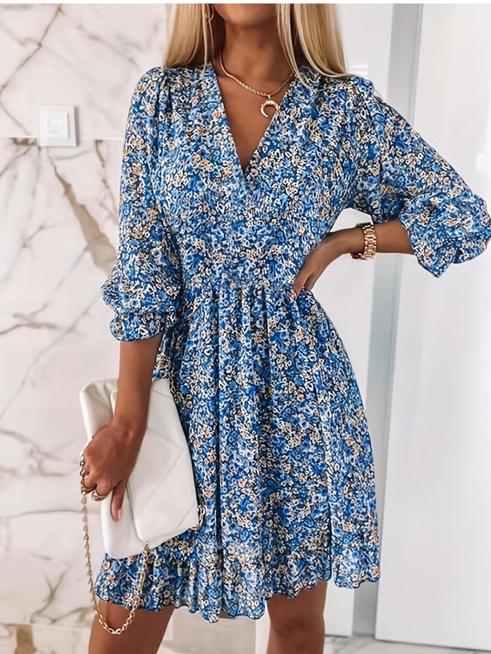 Blue Floral V-Neck Smocked Waist Dress - Full Length Sleeves